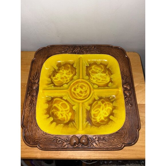 Vintage Treasure Craft Ceramic Divided Serving Tray Platter Yellow Drip Glaze - Picture 2 of 9